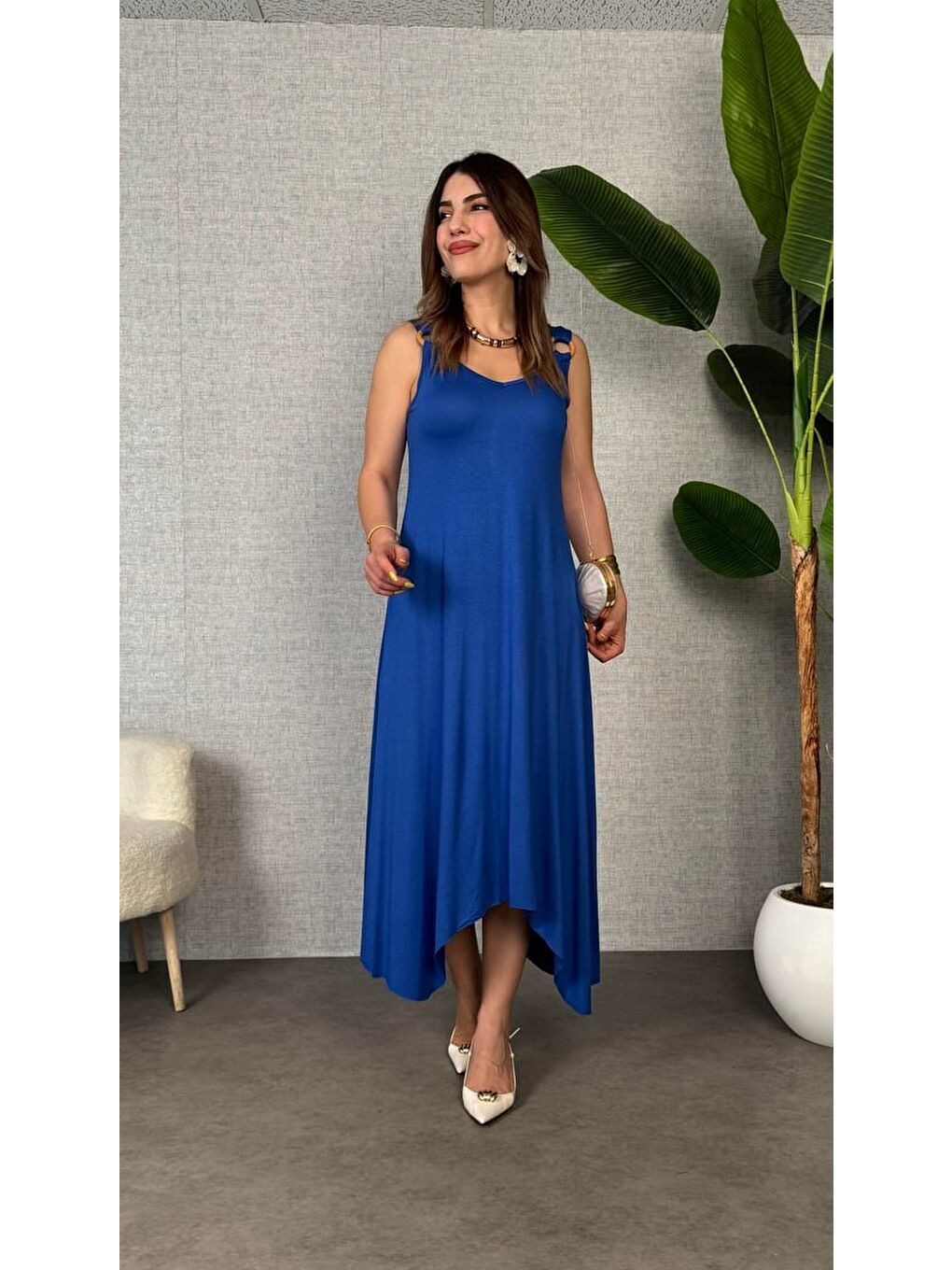 Mavi Kadın çan Dokuma Kumaş V Yaka Asimetrik Kesim Elbise-2