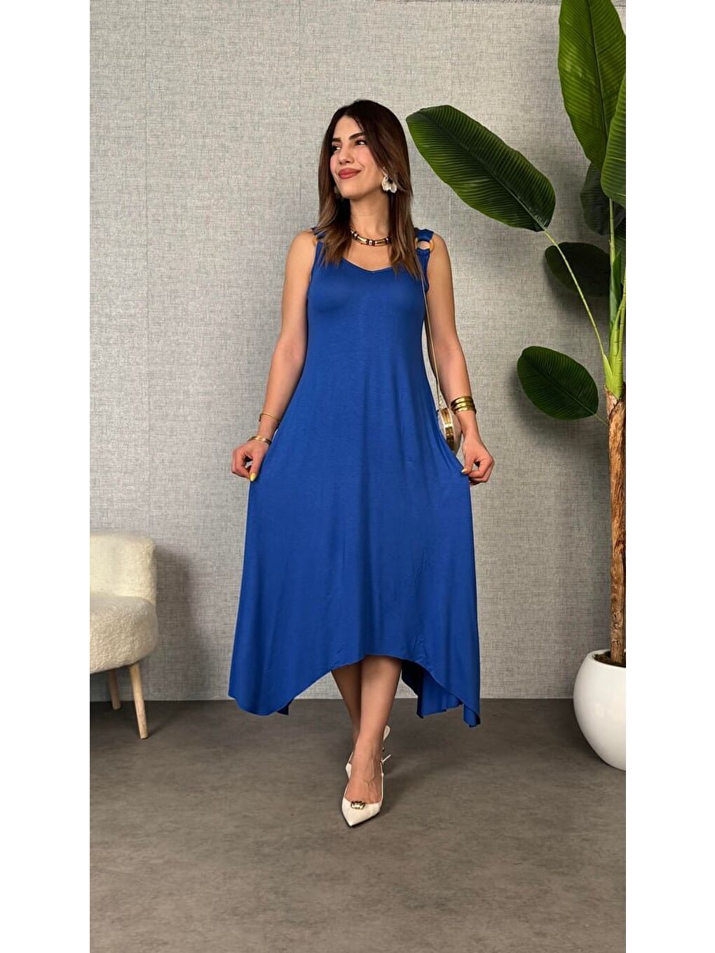 Mavi Kadın çan Dokuma Kumaş V Yaka Asimetrik Kesim Elbise-3