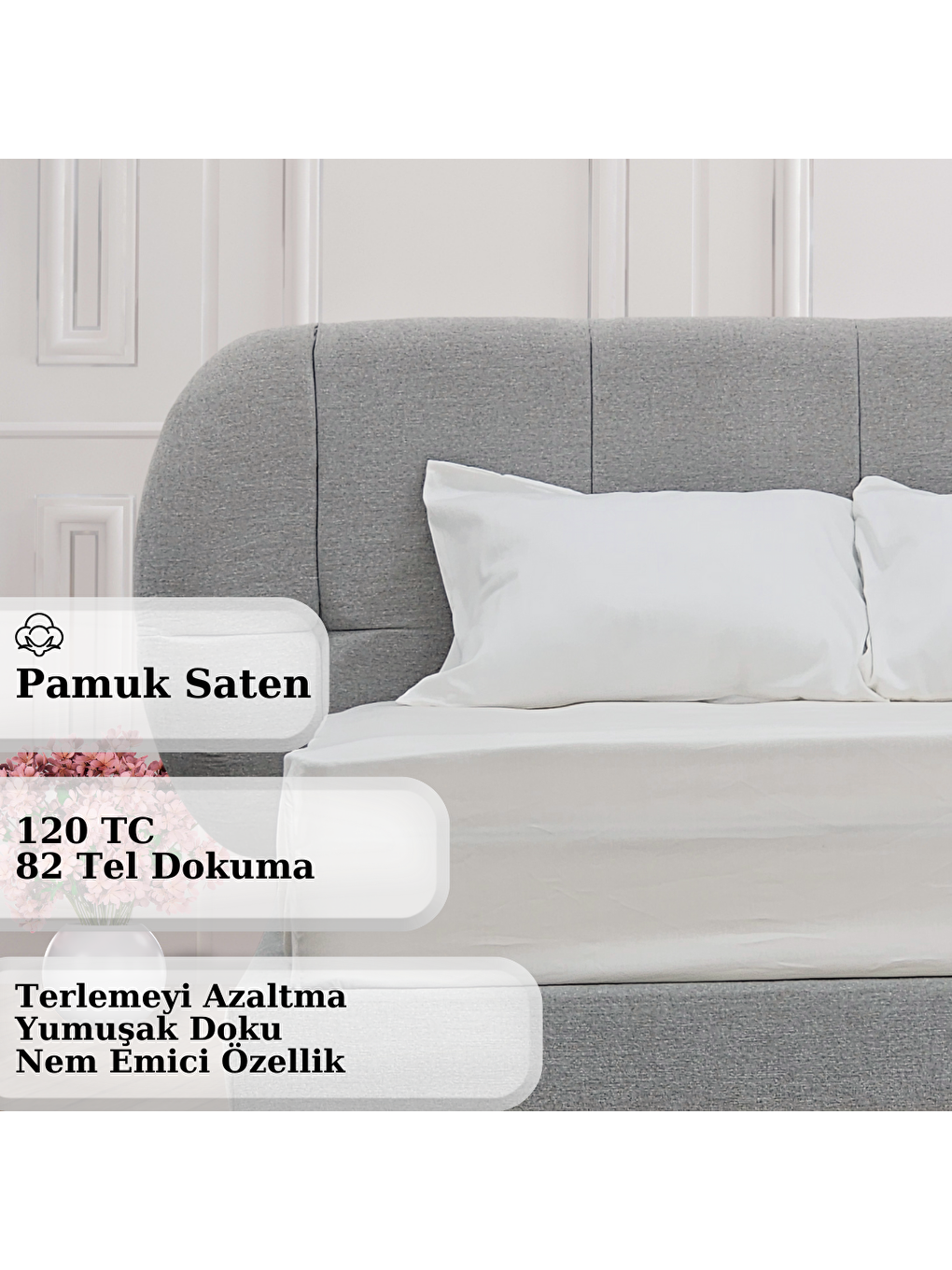 Rossav Home Pamuk Saten İpek Dokulu Çift Kişilik Çarşaf Seti | Lastikli Çarşaf | Beyaz | 160x200 +40