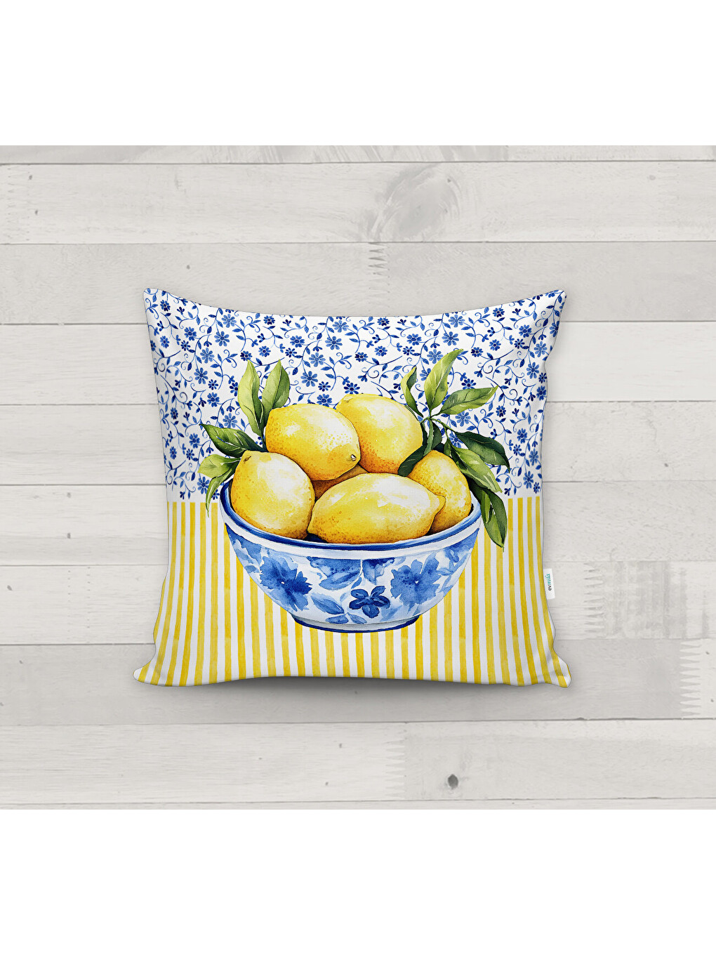 Karışık Mavi Çiçekli ve Sarı Çizgili Zemin Üzerine Çini Kaseli Limon Desenli Kırlent Kılıfı (43x43 cm)-2