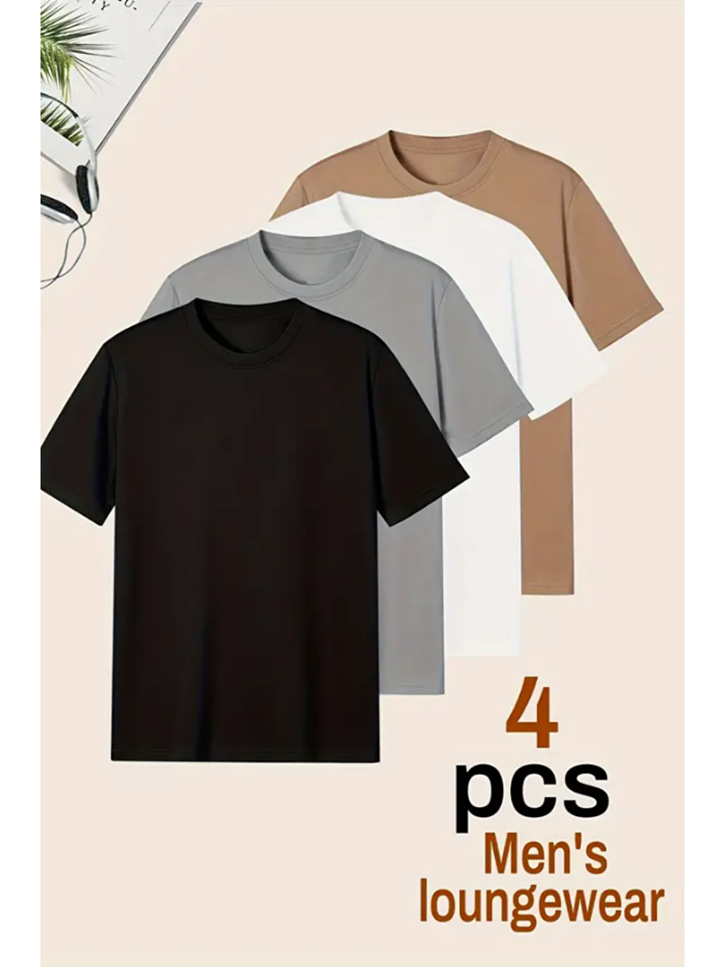 Karışık Erkek 4'Lü Paket Siyah-Kahverengi-Beyaz-Gri Slim Fit Dar Kesim %100 Pamuk Bisiklet Yaka Tişört