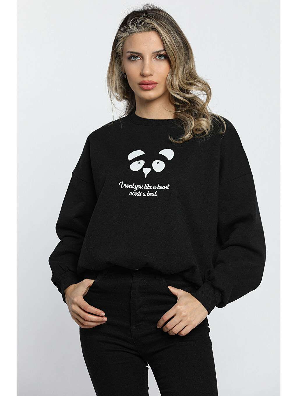 GÜLSELİ Siyah Kadın Ön Arka Baskılı Sweatshirt