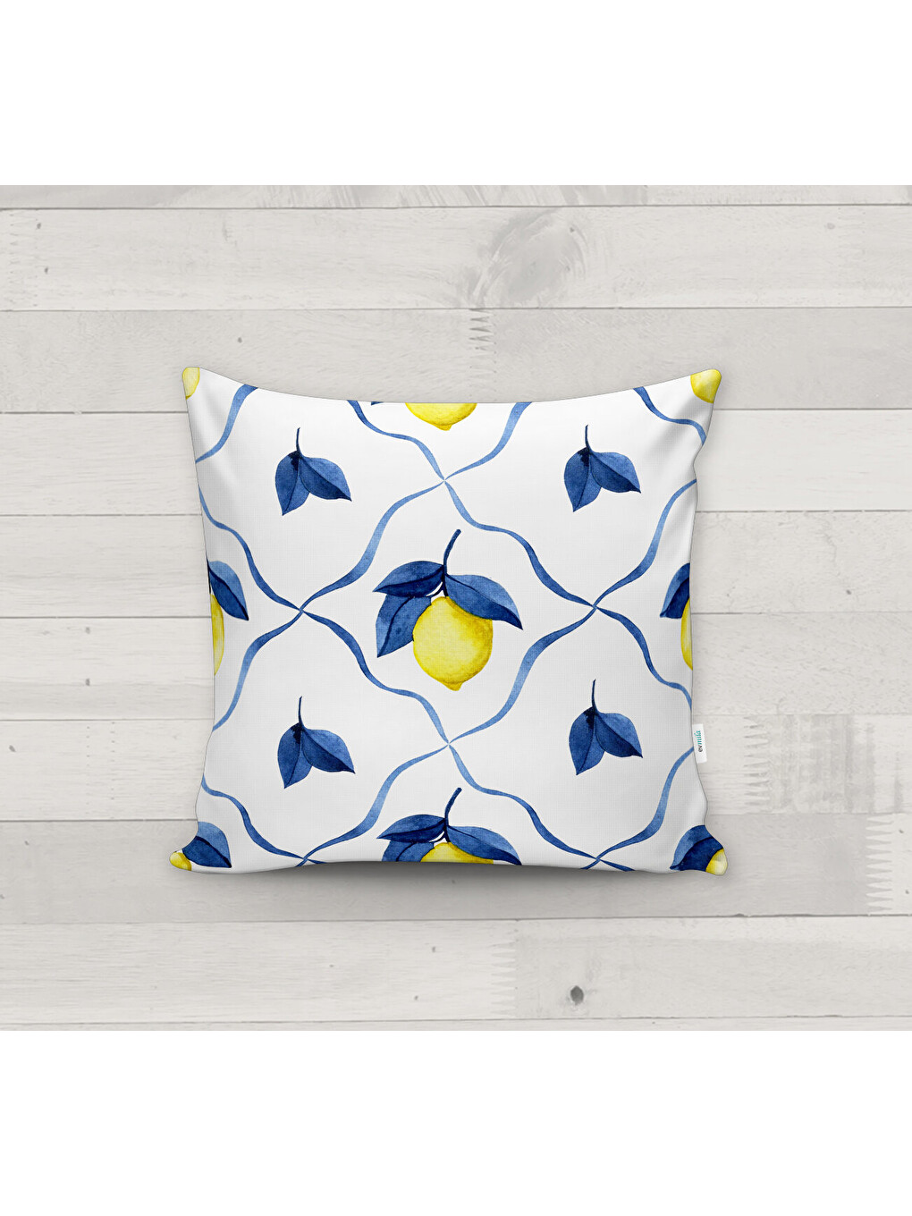 Karışık Akdeniz Serisi: Safir Mavi Kafes Desenli ve Canlı Limon Detaylı kadife Kırlent 43x43 cm