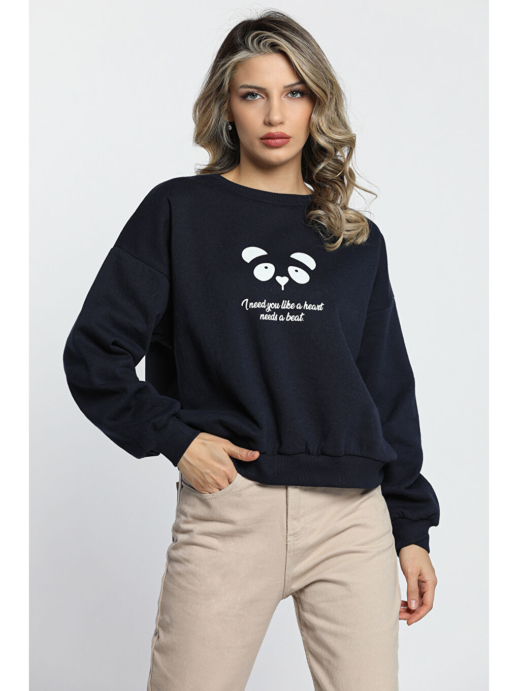 GÜLSELİ Lacivert Kadın Ön Arka Baskılı Sweatshirt