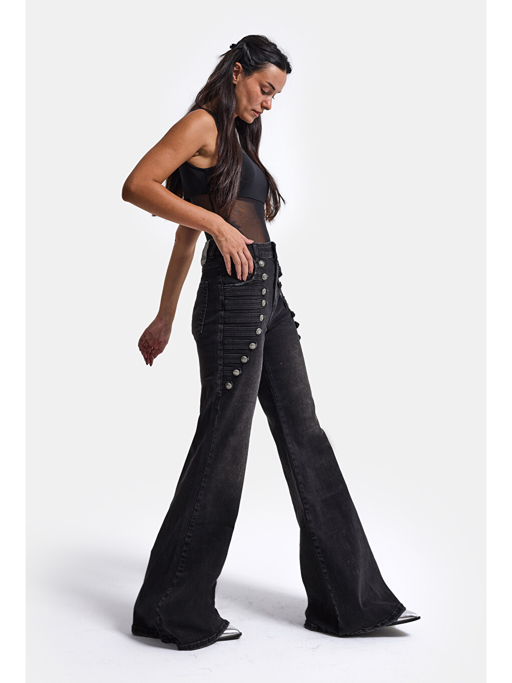 Kadın Siyah Flare Fit Özel Tasarım Denim Jean-3