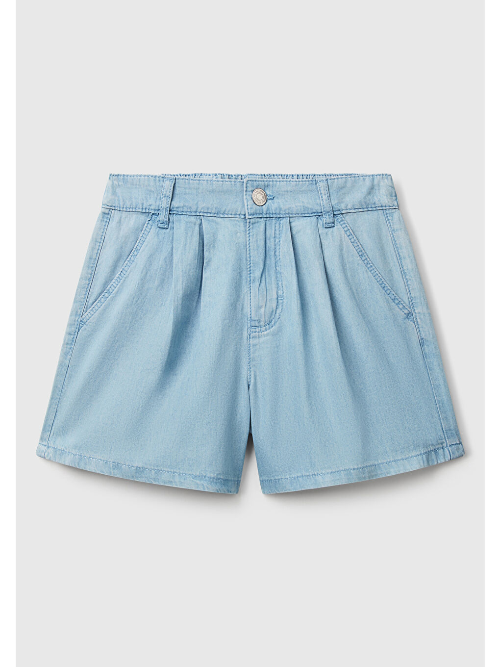 Mavi Kız Çocuk Açık Denim Arka Ceplerde Logo İşlemeli Düğmeli Denim Şönil Şort