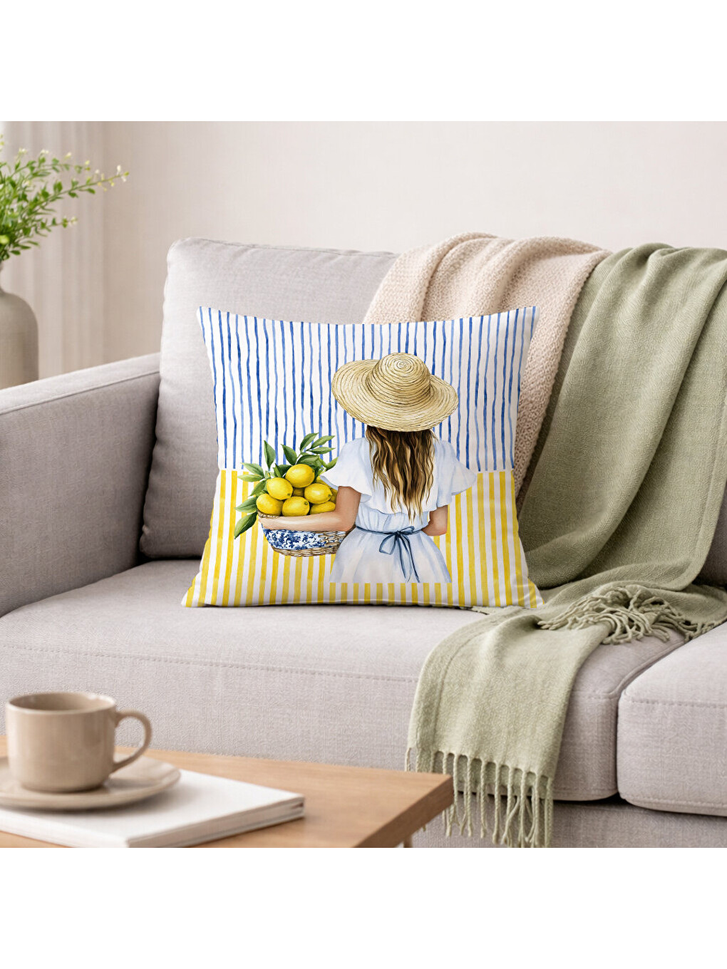 Karışık 43x43 cm Dekoratif Kırlent: Çift Renk Çizgili Fon Üzerine Limon Sepetli Kadın Figürlü kadife Kılıf