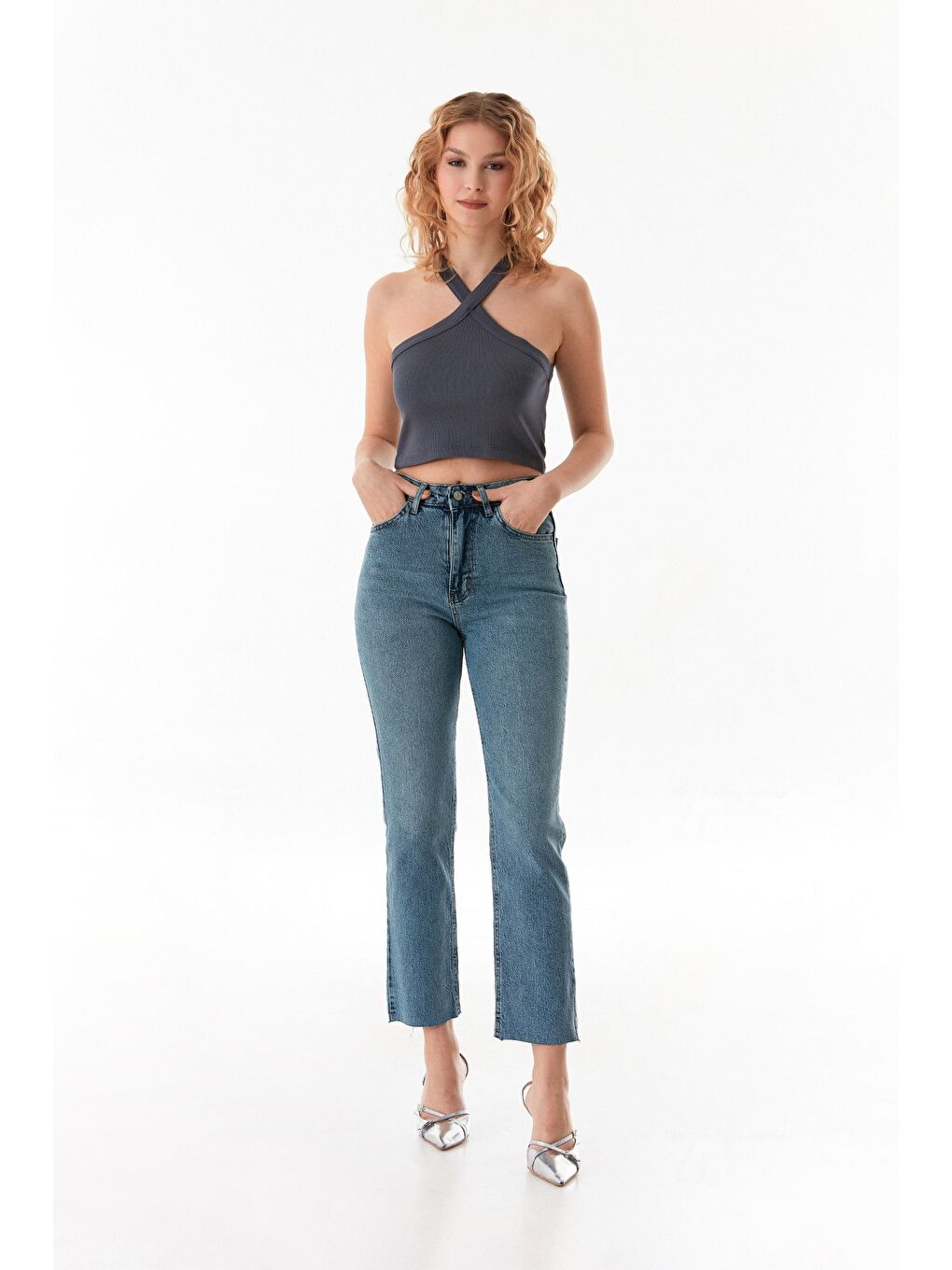 Mavi Fermuarlı Mom Jean Pantolon-2