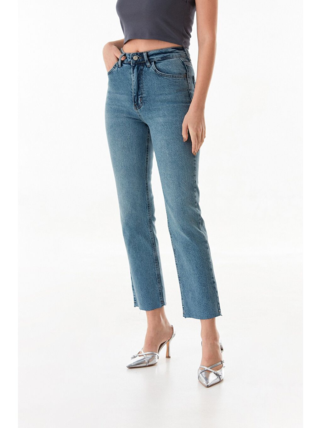 Mavi Fermuarlı Mom Jean Pantolon-3