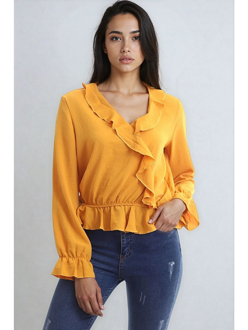 Sarı Ayrobin Kruvaze Fırfırlı Uzun Kol Bluz Hardal-1