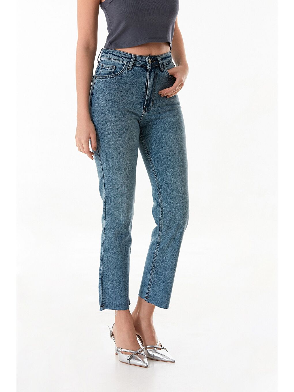 Mavi Fermuarlı Mom Jean Pantolon-4