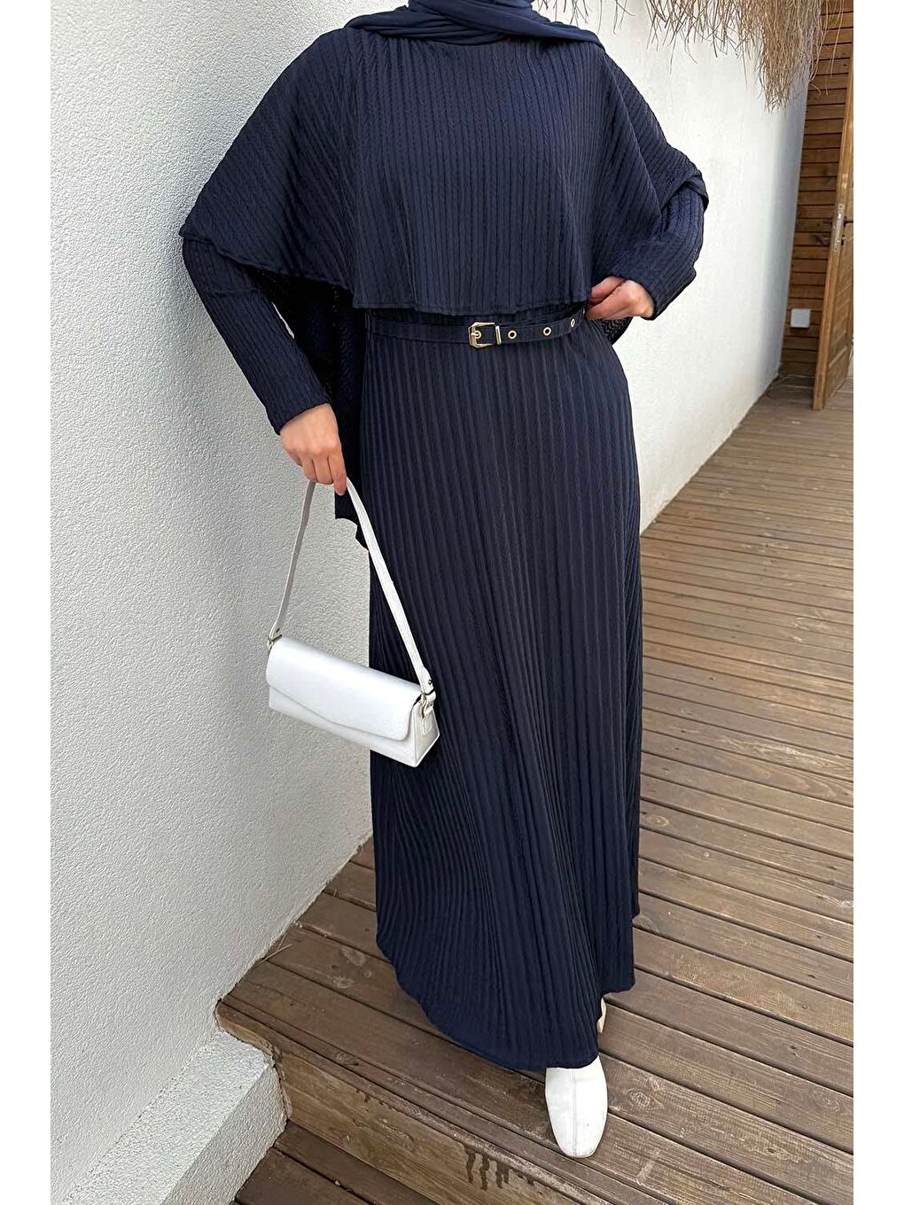 Balıksırtı Kemerli Elbise Lacivert-2