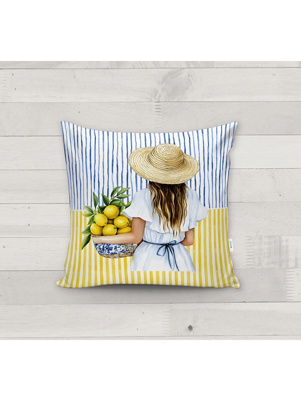 Karışık 43x43 cm Dekoratif Kırlent: Çift Renk Çizgili Fon Üzerine Limon Sepetli Kadın Figürlü kadife Kılıf-2