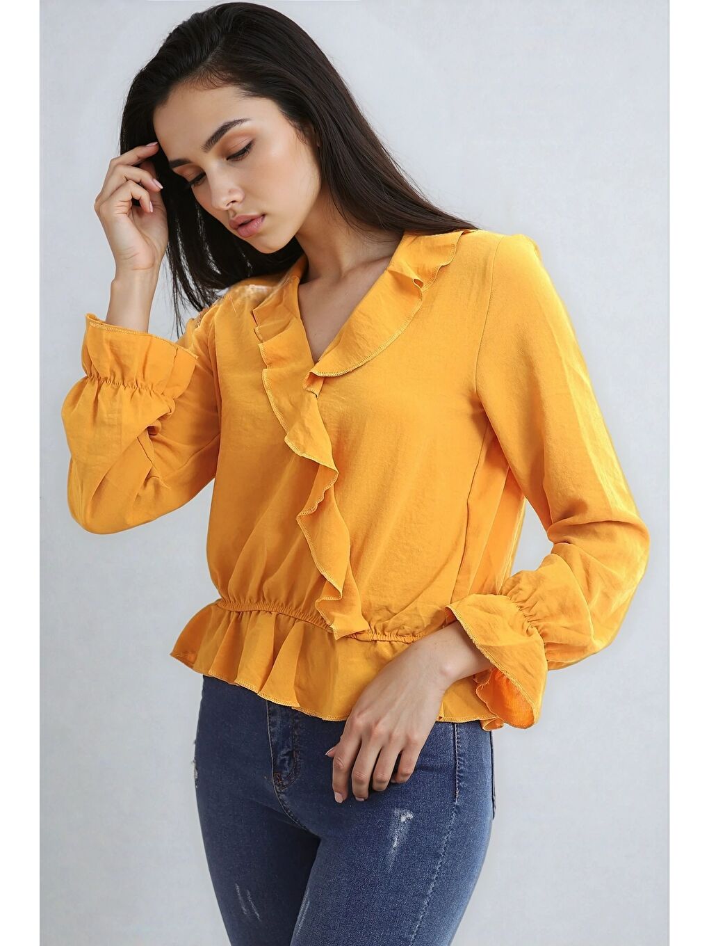 Sarı Ayrobin Kruvaze Fırfırlı Uzun Kol Bluz Hardal-3