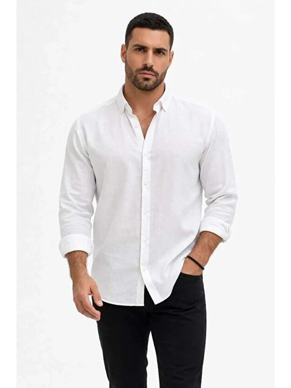 Erkek KETEN Kumaş Oversize Uzun Kollu Rahat Kalıp Gömlek - Beyaz