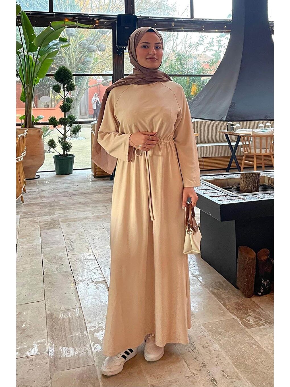 Bel Tünel Detaylı Elbise Bej