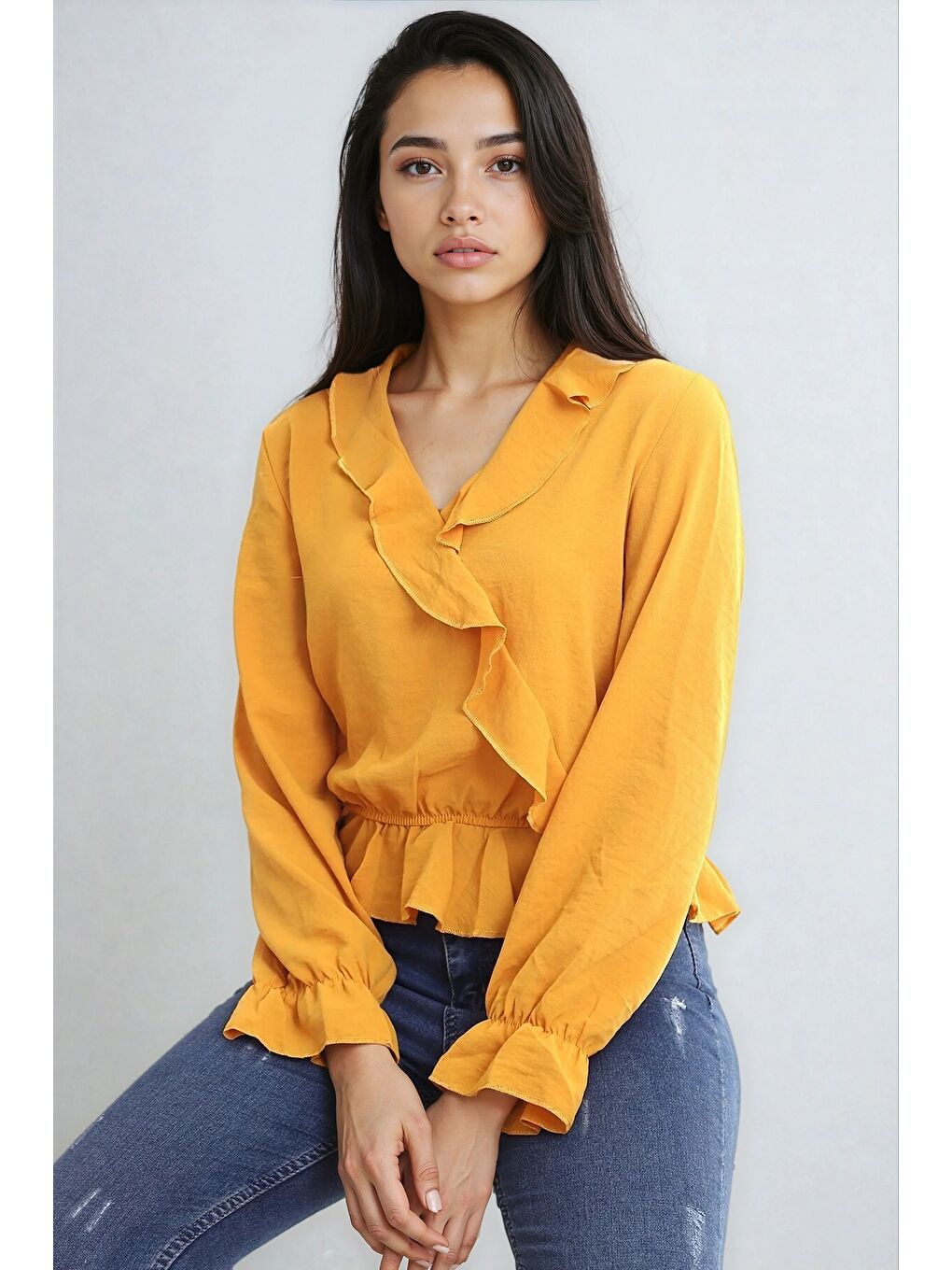 Sarı Ayrobin Kruvaze Fırfırlı Uzun Kol Bluz Hardal-4