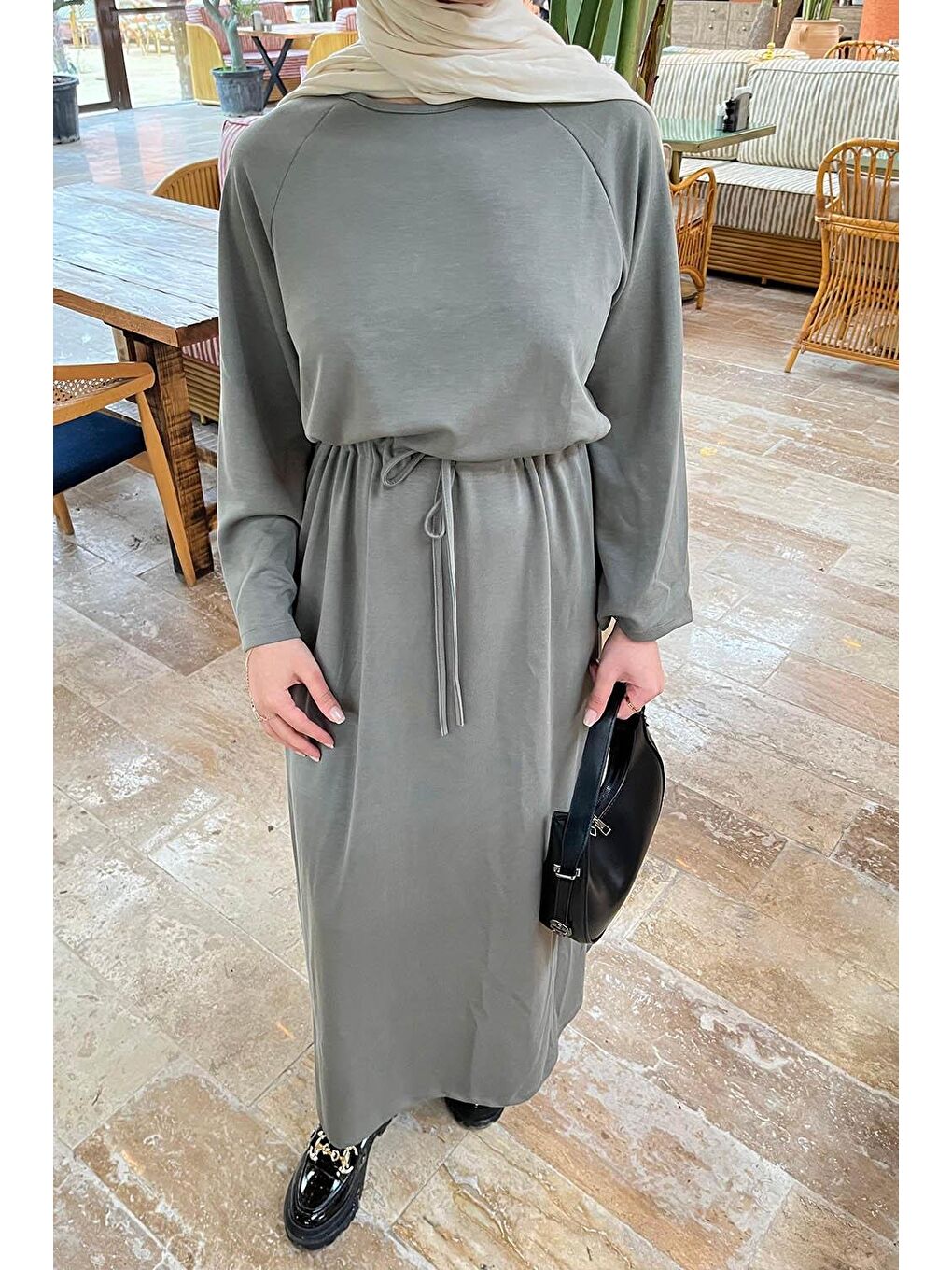 Bel Tünel Detaylı Elbise Çağla Yeşili-2