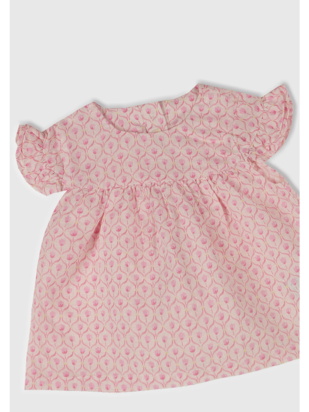 Bebek Toz Pembe Tamamı Desenli Kolu Fırfırlı Arkası Düğmeli Gömlek-1