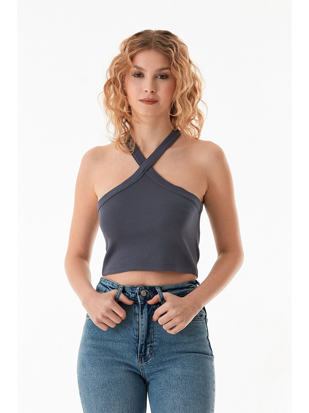 Gri Basic Çapraz Askılı Bluz-2