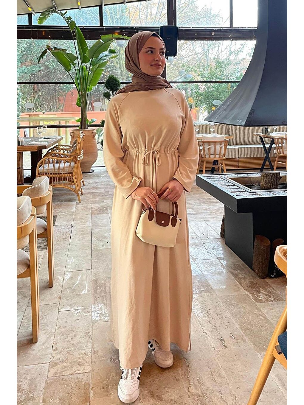 Bel Tünel Detaylı Elbise Bej-1