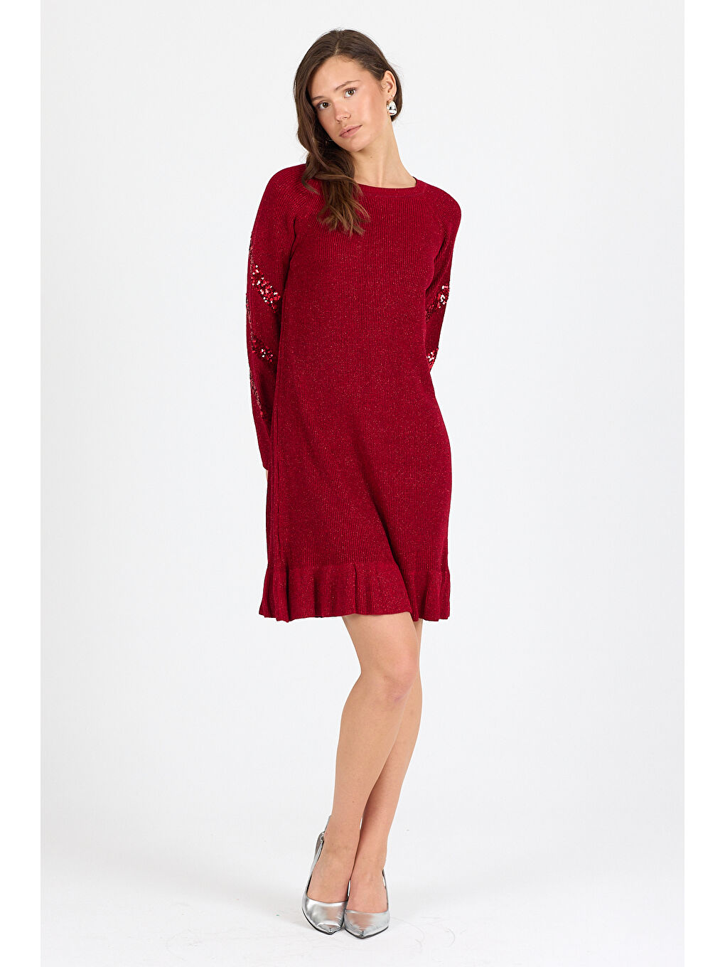 Kırmızı Kadın Bisiklet Yaka Sim Garnili Pul İşlemeli Eibise 3143 (Standart Beden s-m-l-xl Beden Uyumludur)