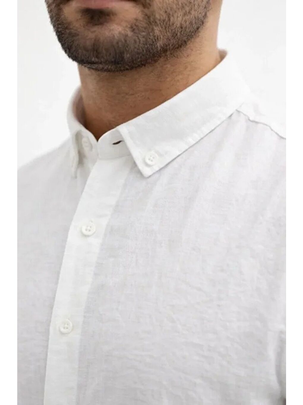 Erkek KETEN Kumaş Oversize Uzun Kollu Rahat Kalıp Gömlek - Beyaz-1