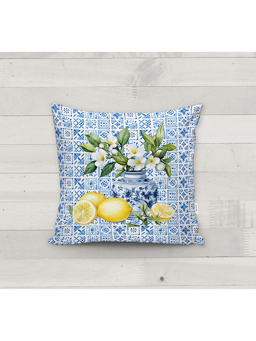 Karışık Akdeniz Esintisi,Mavi Beyaz Fayans ve Limon Desenli Kadife  Kırlent Kılıfı (43x43 cm)-2