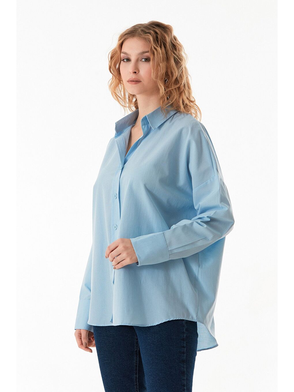 Mavi Basic Arkası Uzun Salaş Gömlek-3