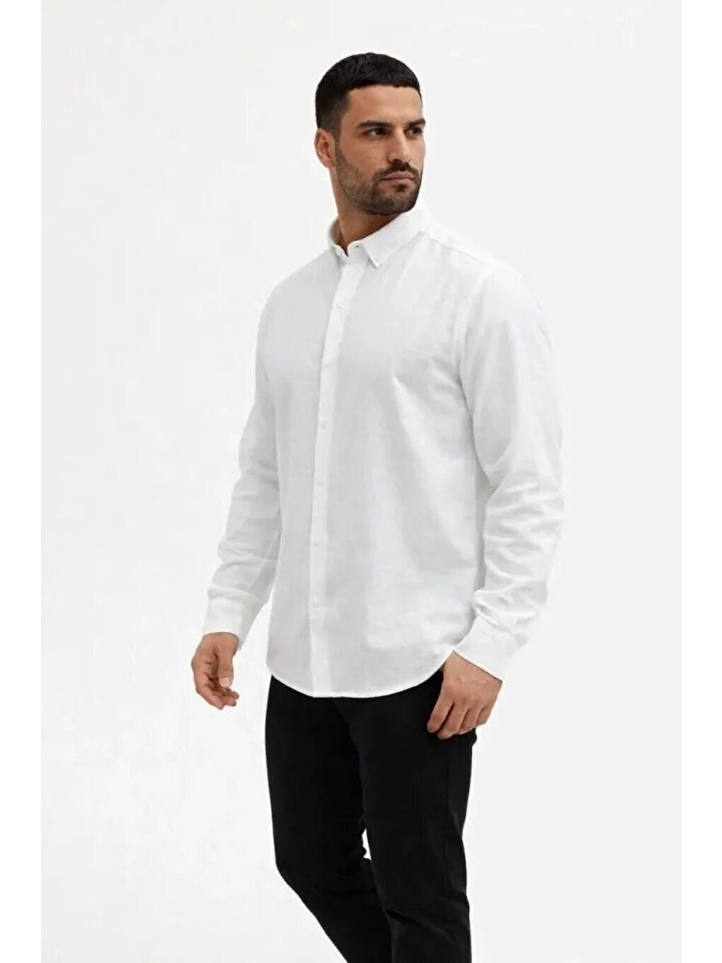 Erkek KETEN Kumaş Oversize Uzun Kollu Rahat Kalıp Gömlek - Beyaz-3