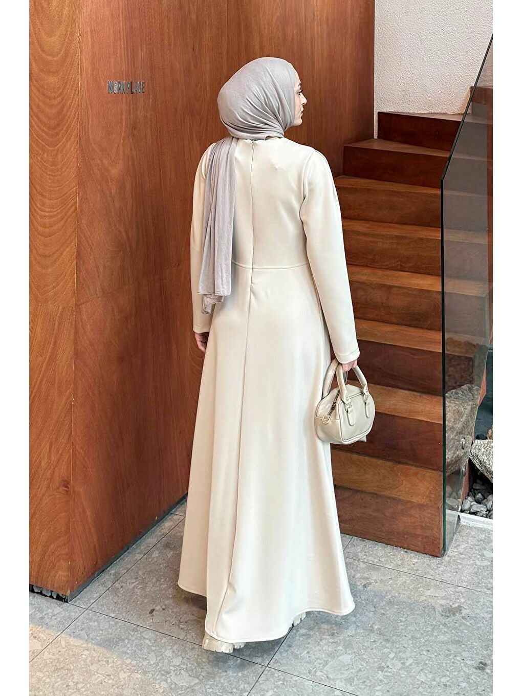 Ekru Kurdela Detaylı Scuba Elbise Krem-3