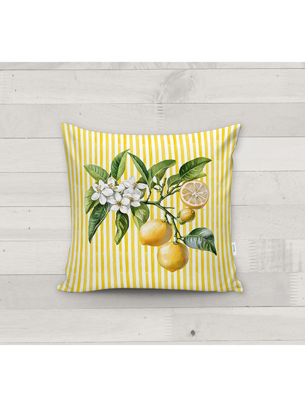 Karışık Sarı-Beyaz Çizgili Zemin Üzerine Çiçekli Limon Dalı Desenli Kırlent Kılıfı (43x43 cm)-2