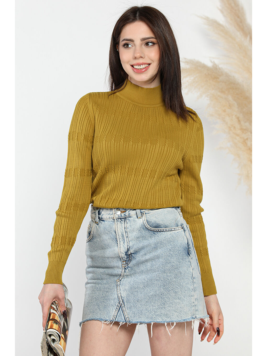 Yeşil Kadın Yarım Balıkçı Desenli Elastanlı Triko Bluz-1