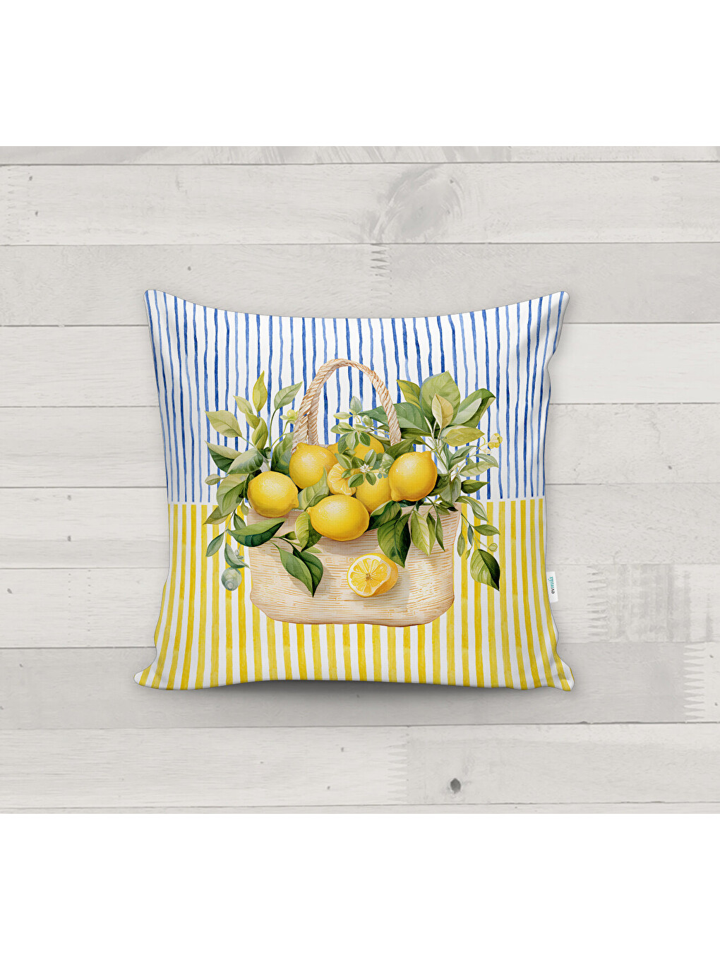Karışık Mavi-Sarı Çizgili Zemin, Hasır Sepette Limon Desenli Dekoratif Kırlent Kılıfı (43x43 cm)-2