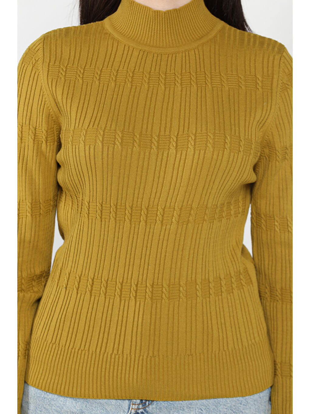 Yeşil Kadın Yarım Balıkçı Desenli Elastanlı Triko Bluz-2