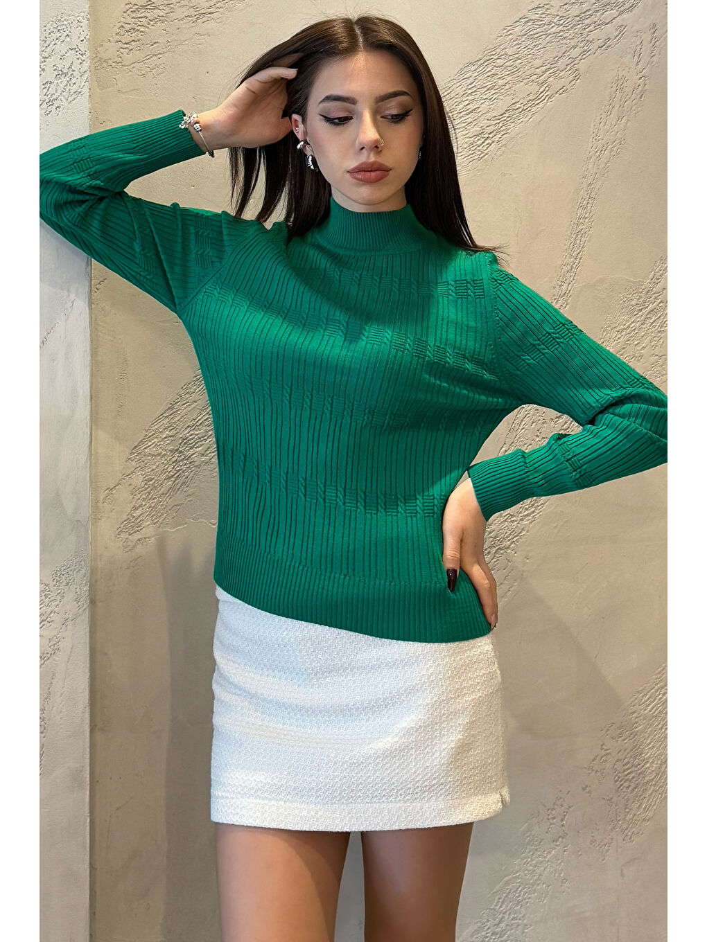 Gülseli Yeşil Kadın Yarım Balıkçı Desenli Elastanlı Triko Bluz - 1