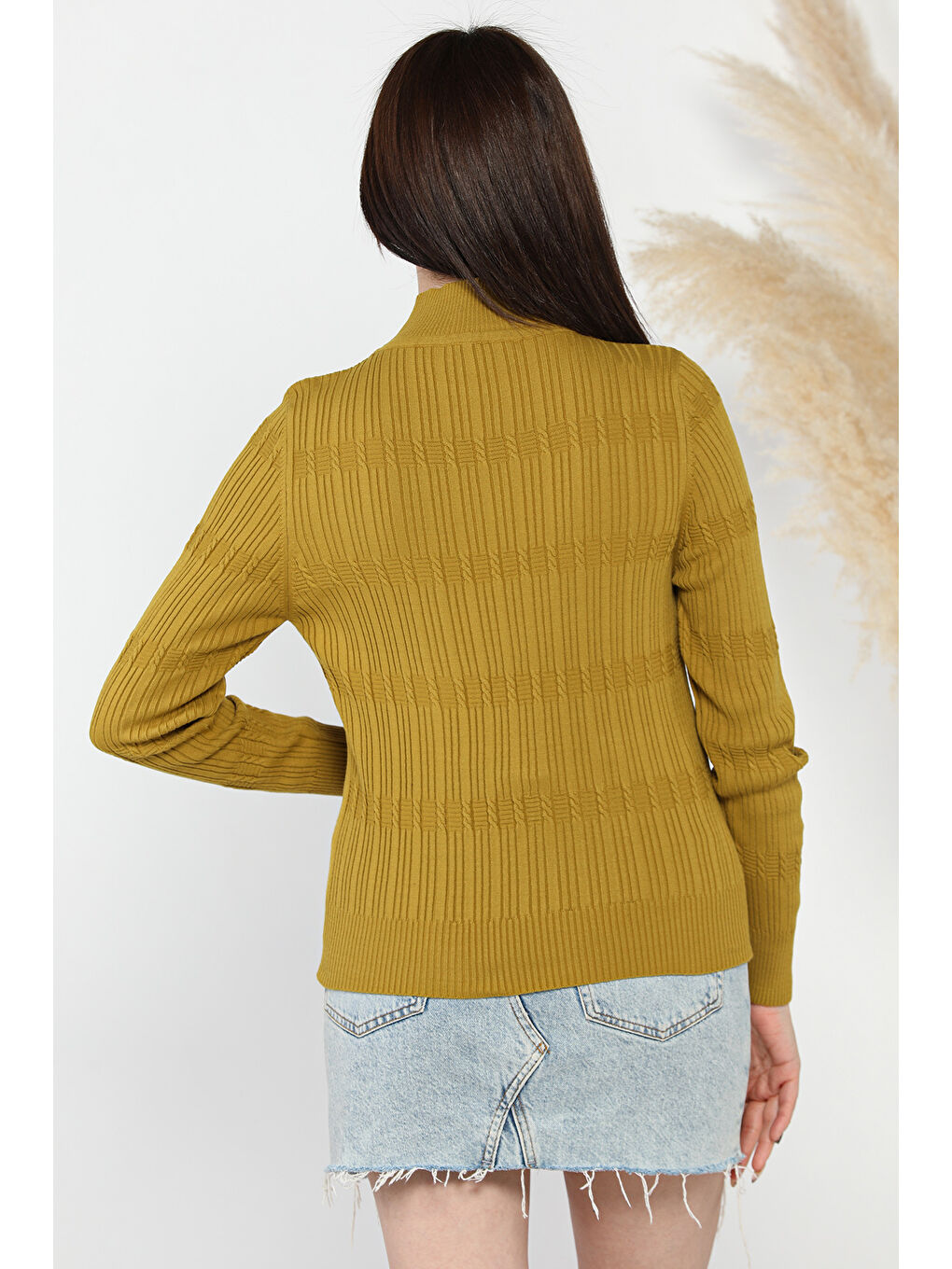 Yeşil Kadın Yarım Balıkçı Desenli Elastanlı Triko Bluz-3