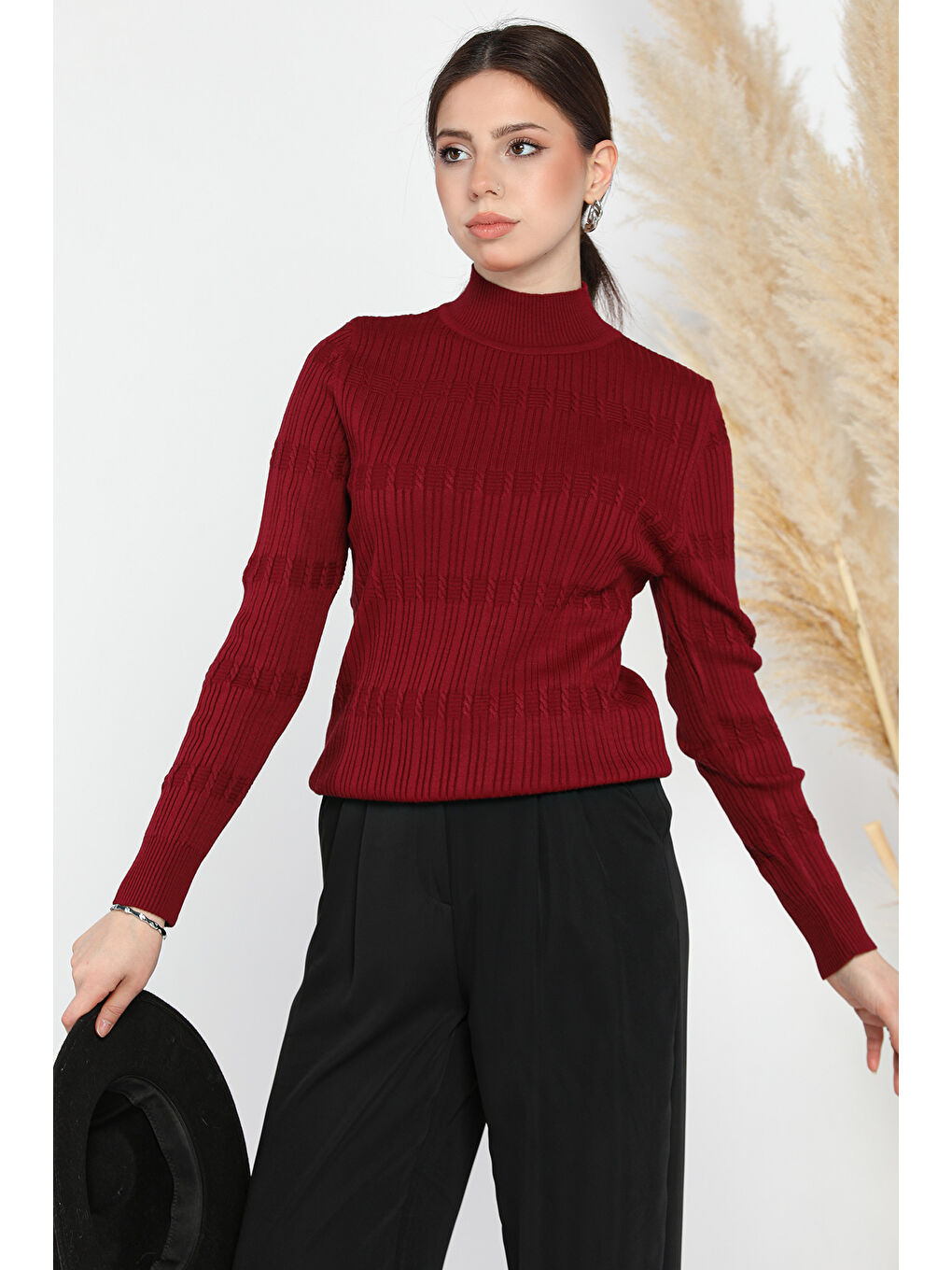 Bordo Kadın Yarım Balıkçı Desenli Elastanlı Triko Bluz-1