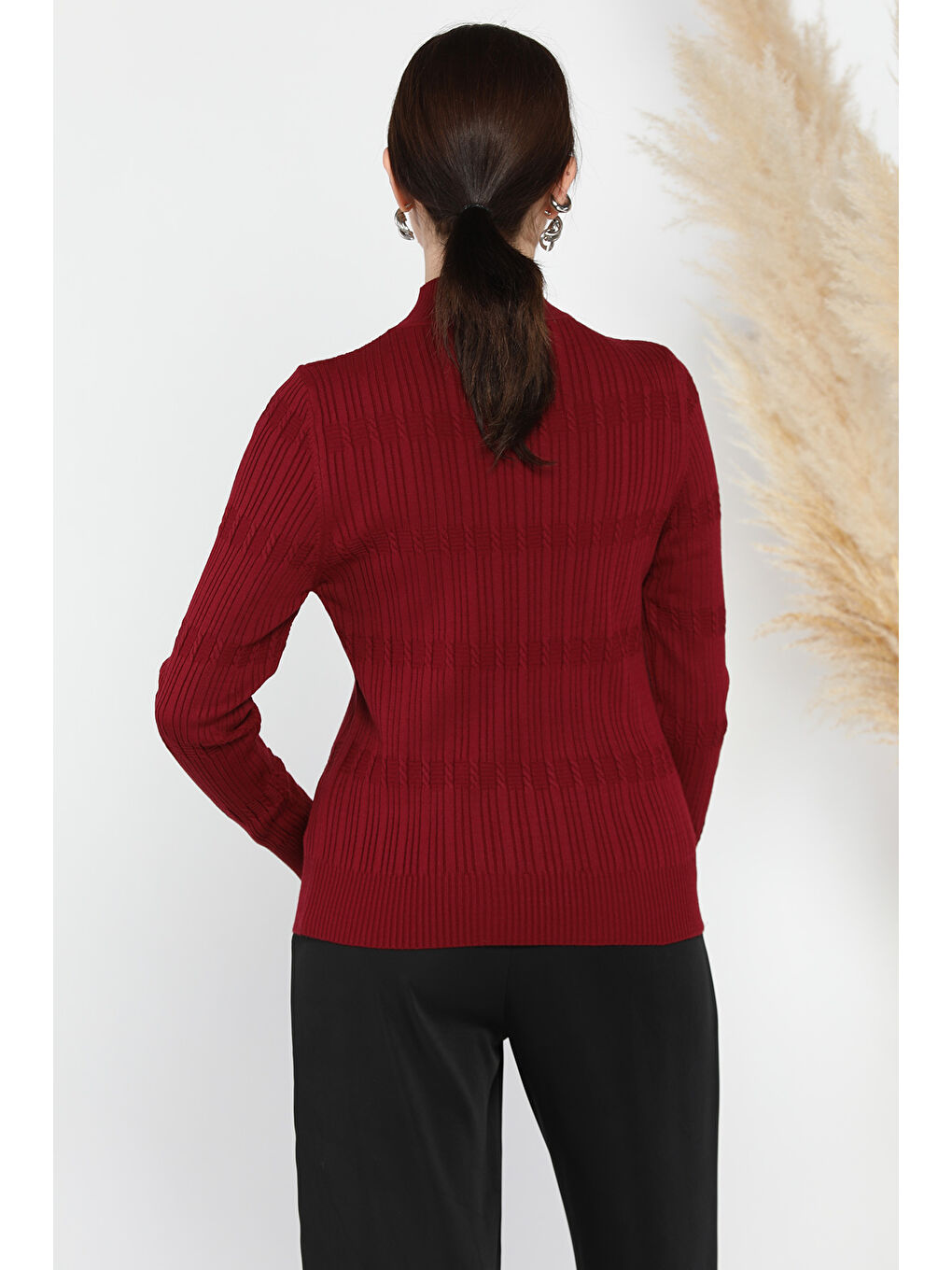 Bordo Kadın Yarım Balıkçı Desenli Elastanlı Triko Bluz-2