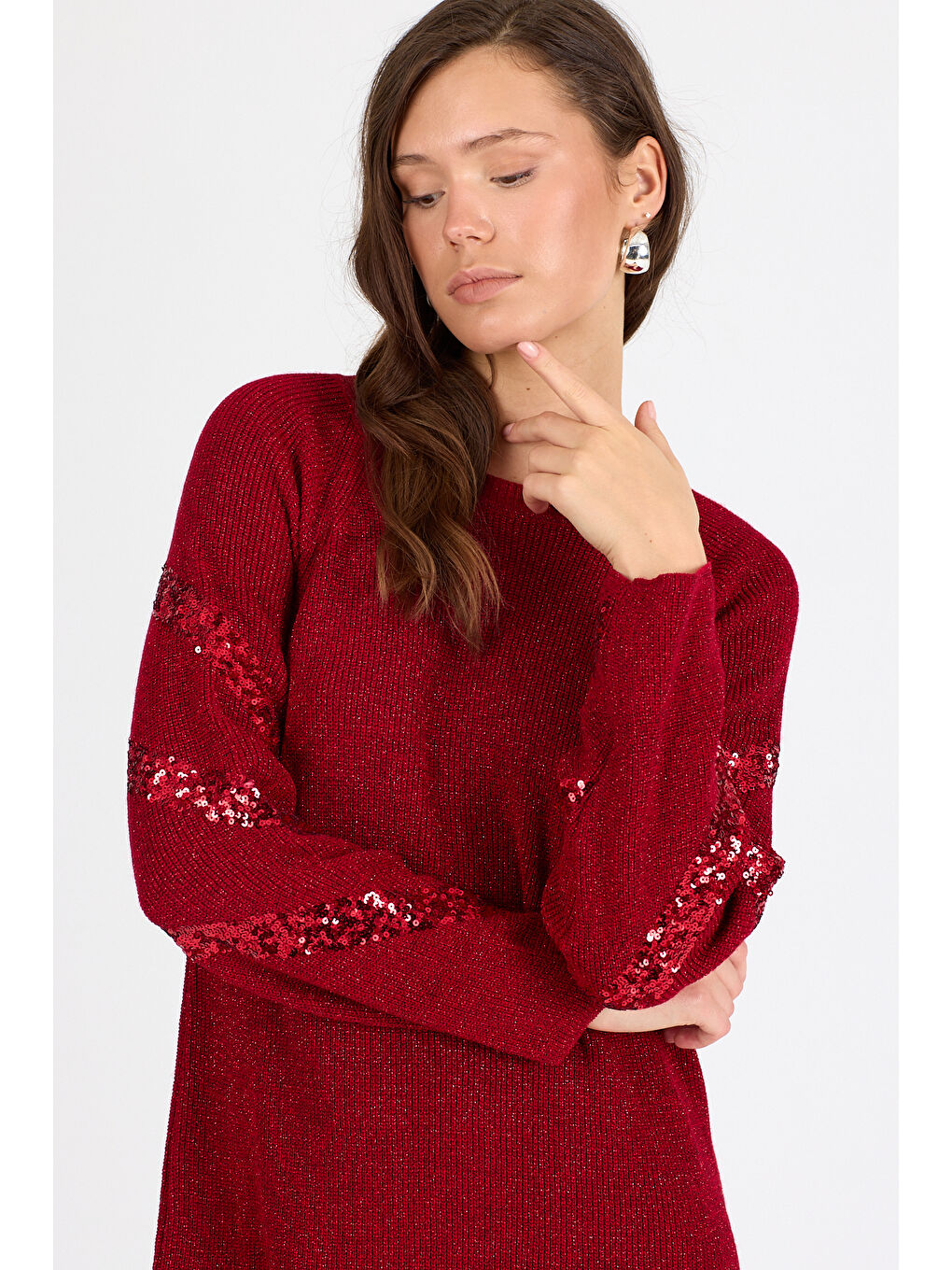 Kırmızı Kadın Bisiklet Yaka Sim Garnili Pul İşlemeli Eibise 3143 (Standart Beden s-m-l-xl Beden Uyumludur)-2