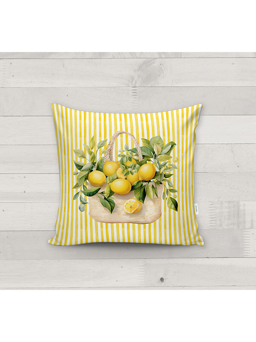 Karışık Sarı Çizgili Zemin Üzerine Hasır Sepetli Limon Desenli Kırlent Kılıfı (43x43 cm)-2