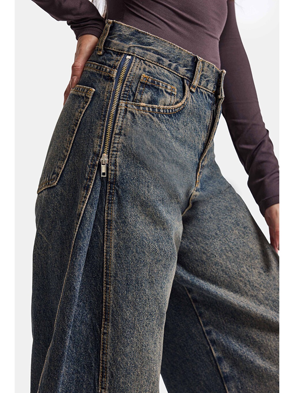 Mavi Kadın Jean Rengi 4w6-8 Barrel Fit Yan Fermuar Detaylı Tasarım Denim Jean-3