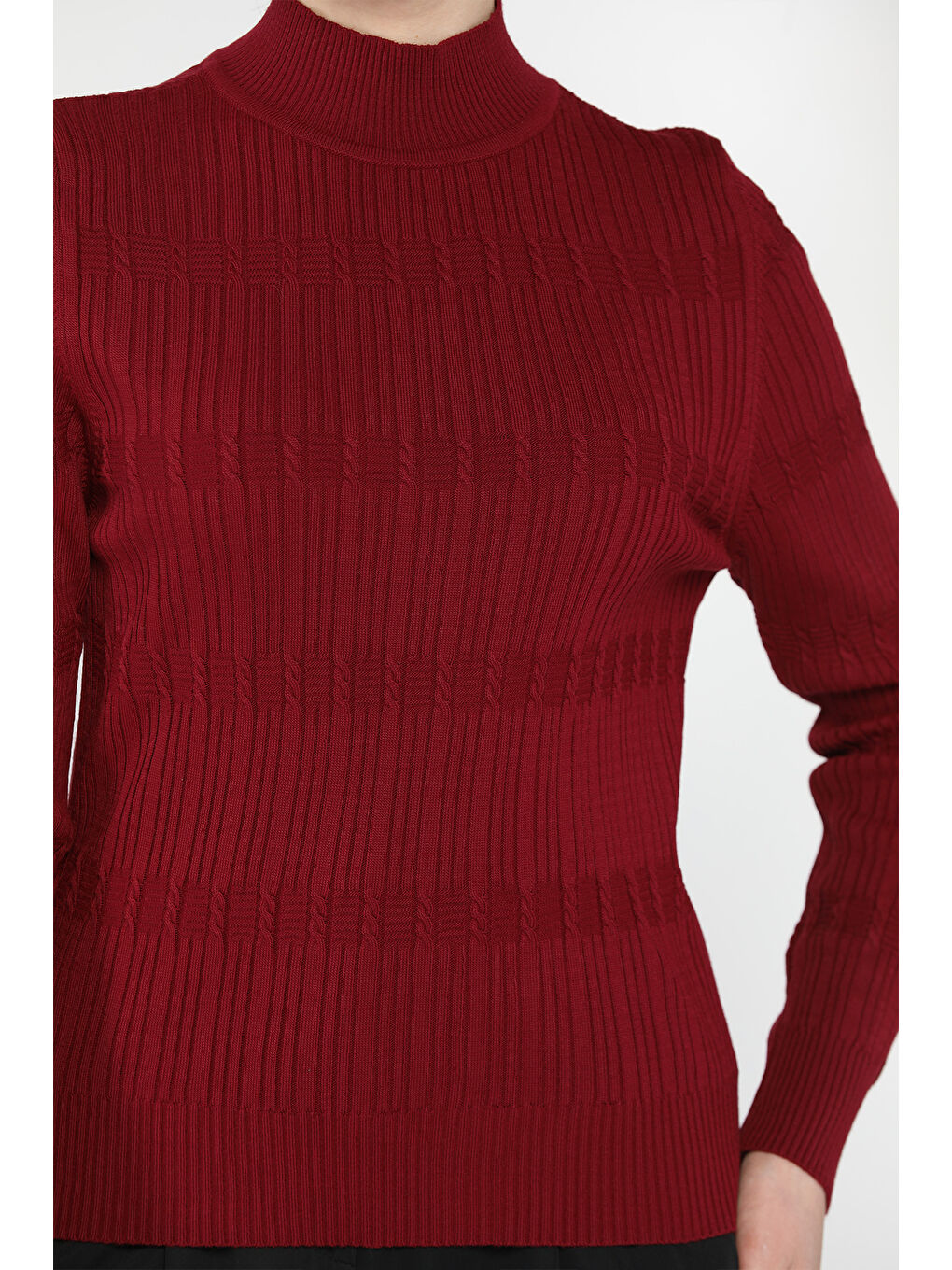 Bordo Kadın Yarım Balıkçı Desenli Elastanlı Triko Bluz-3