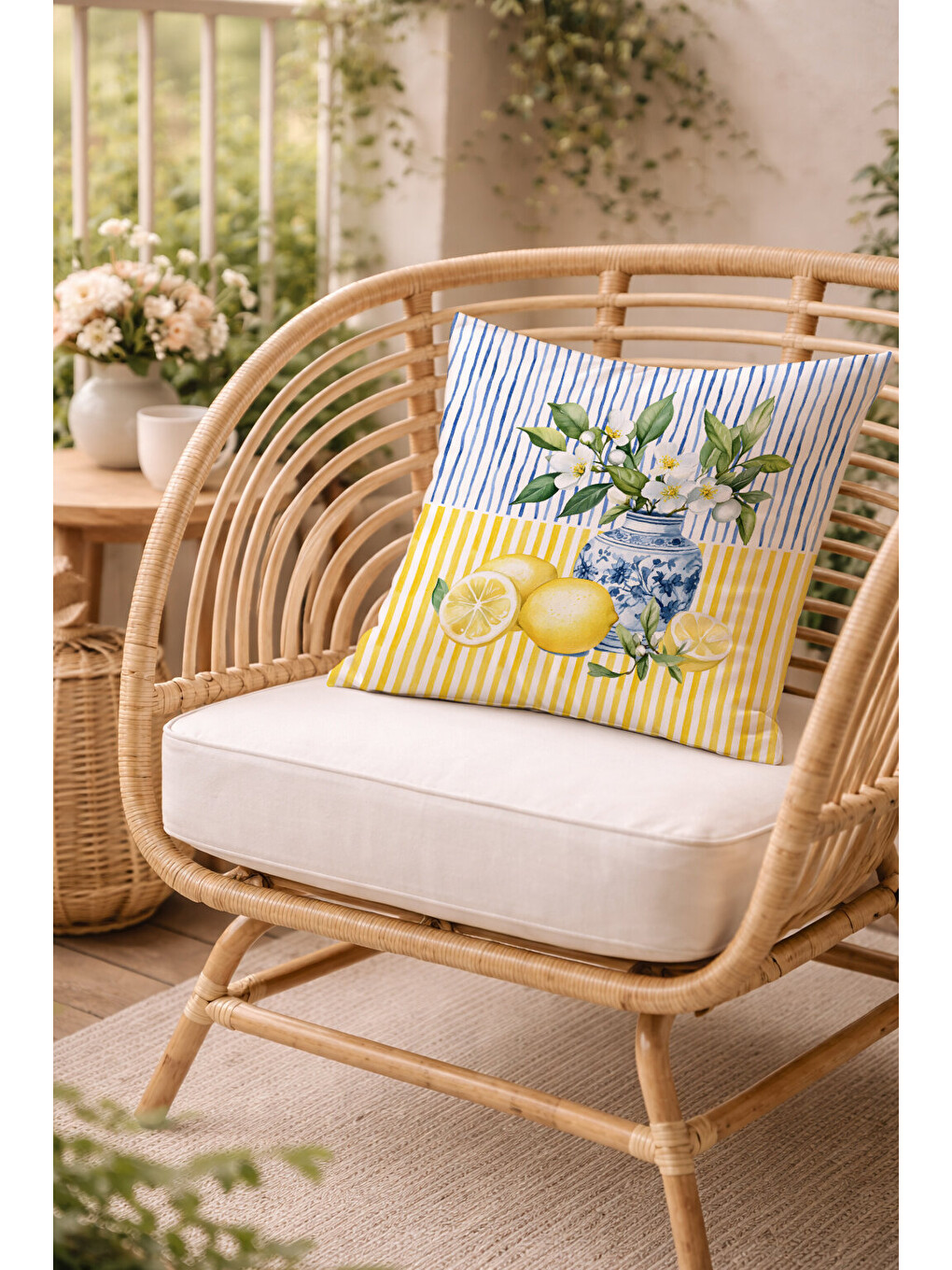 Karışık Mavi-Beyaz Çizgili ve Limon Temalı Dekoratif Kırlent Kılıfı (43x43 cm)-1