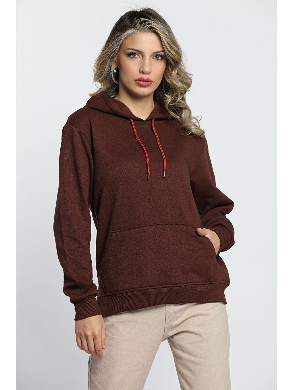 GÜLSELİ Bordo Kadın Kapüşonlu Kanguru Cepli Sweatshirt - 3