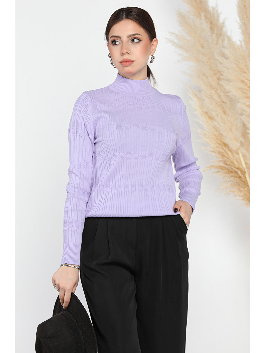 Lila Kadın Yarım Balıkçı Desenli Elastanlı Triko Bluz