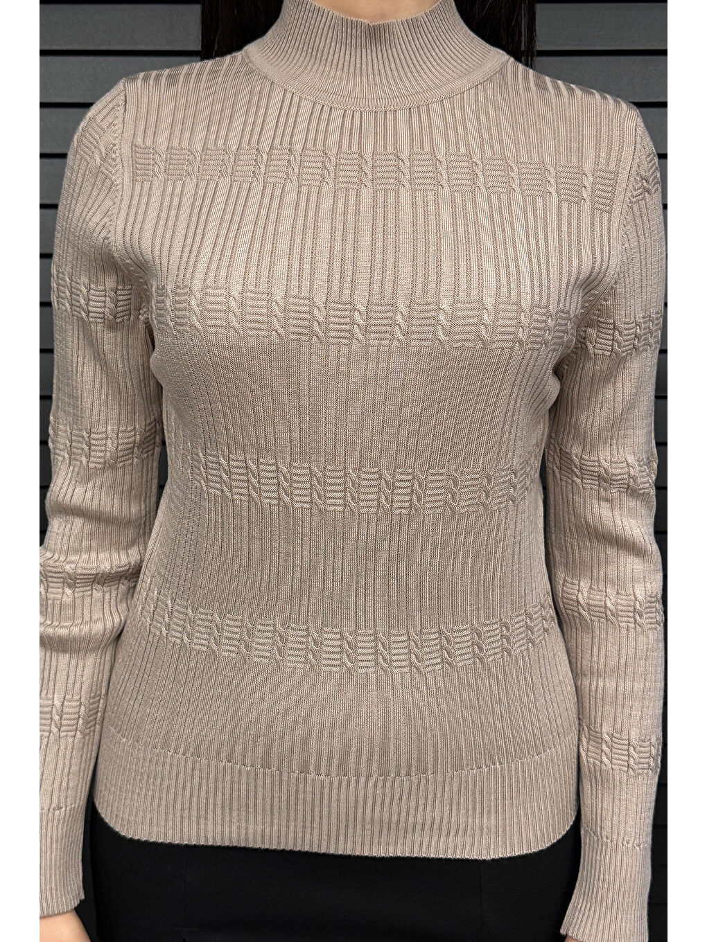 Pembe Kadın Yarım Balıkçı Desenli Elastanlı Triko Bluz-2