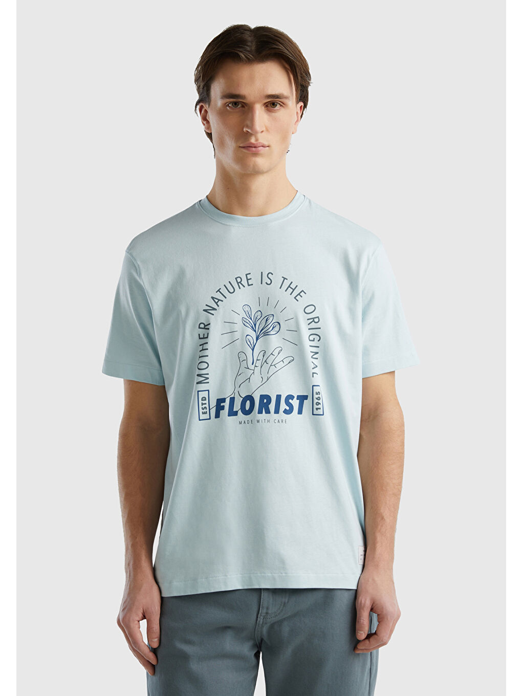 Erkek Uçuk Mavi  100 Organik Pamuk Baskılı Tişört