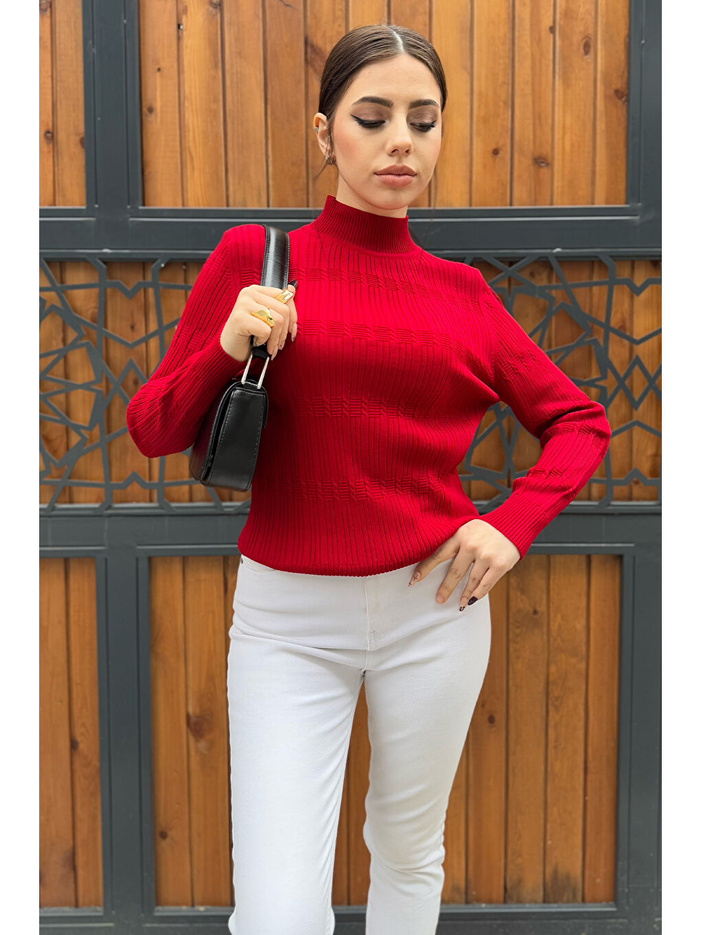 Kırmızı Kadın Yarım Balıkçı Desenli Elastanlı Triko Bluz-1