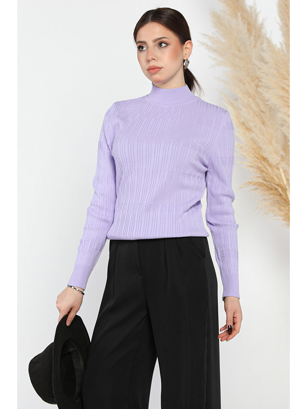 Lila Kadın Yarım Balıkçı Desenli Elastanlı Triko Bluz-1